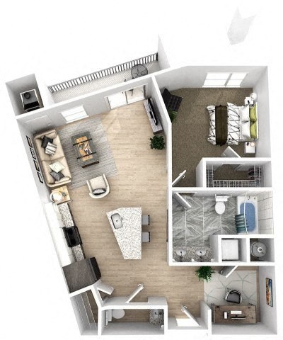 Floor plan for 1 bed, 1.5 baths, 875 sqft