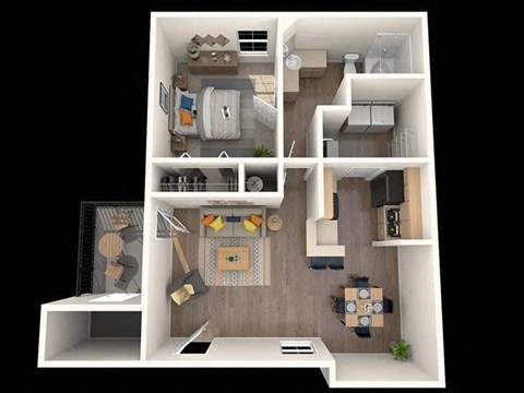 Floor plan for 1 bed, 1 bath, 689 sqft