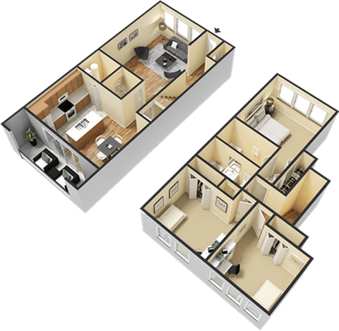 Floor plan for 3 beds, 2.5 baths, 1450 sqft