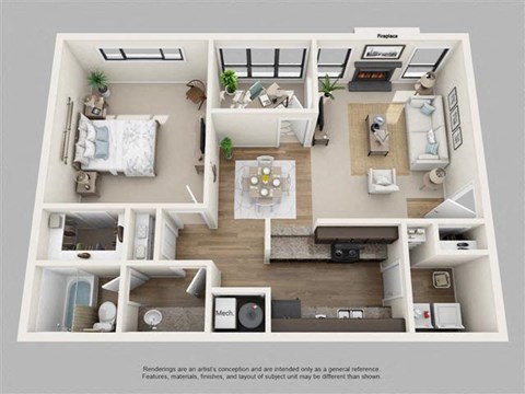 Floor plan for 1 bed, 1 bath, 1092 sqft