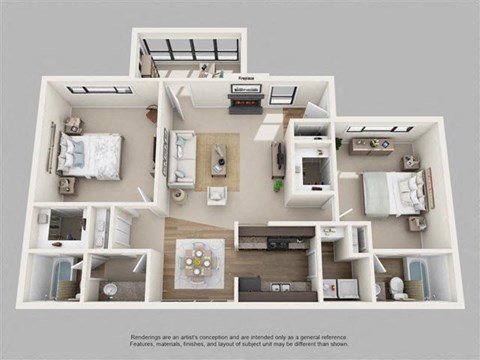 Floor plan for 2 beds, 2 baths, 1228 sqft