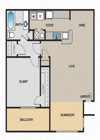 Floor plan for 1 bed, 1 bath, 908 sqft