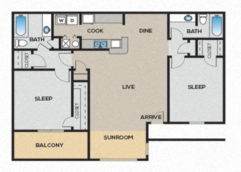 Floor plan for 2 beds, 2 baths, 1152 sqft
