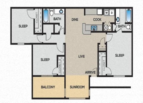 Floor plan for 3 beds, 2 baths, 1390 sqft