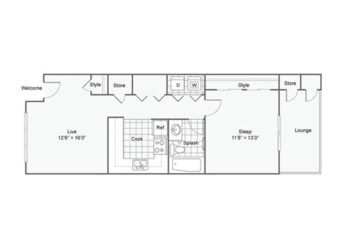 Floor plan for 1 bed, 1 bath, 700 sqft