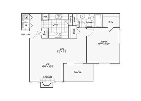 Floor plan for 1 bed, 1 bath, 900 sqft