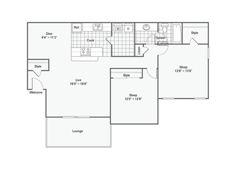 Floor plan for 2 beds, 1 bath, 1100 sqft