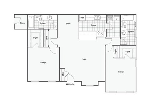 Floor plan for 2 beds, 2 baths, 1200 sqft