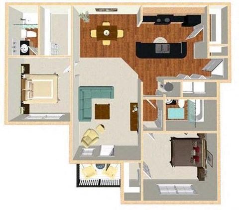Floor plan for 2 beds, 2 baths, 1040 sqft