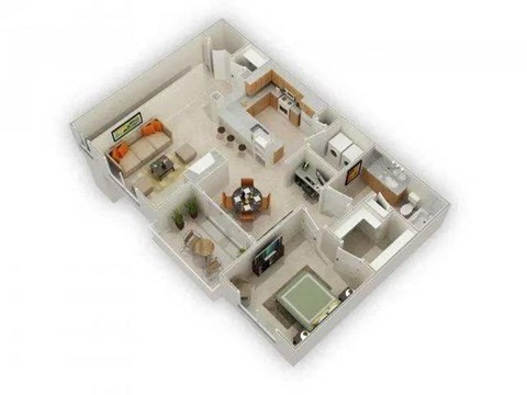Floor plan for 1 bed, 1 bath, 851 sqft
