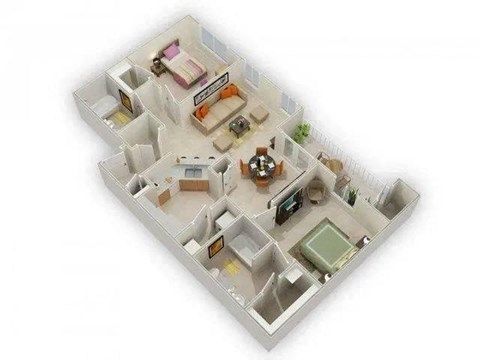 Floor plan for 2 beds, 2 baths, 999 sqft