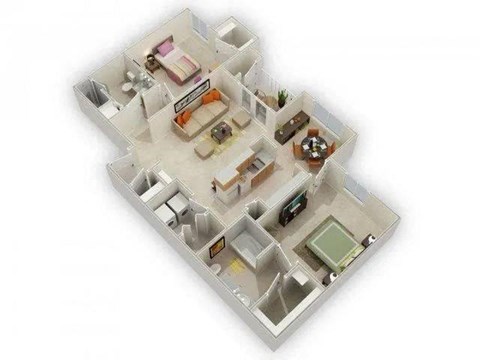 Floor plan for 2 beds, 2 baths, 1037 sqft