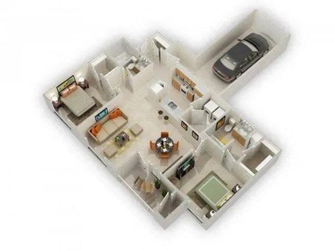 Floor plan for 2 beds, 2 baths, 1068 sqft