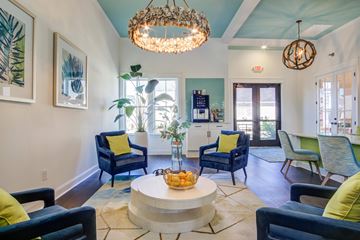 Murrells Inlet apartment for rent - A living room with blue chairs and a white coffee table.