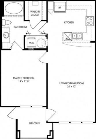 Floor plan for 1 bed, 1 bath, 707 sqft