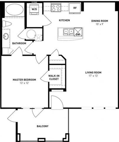 Floor plan for 1 bed, 1 bath, 810 sqft