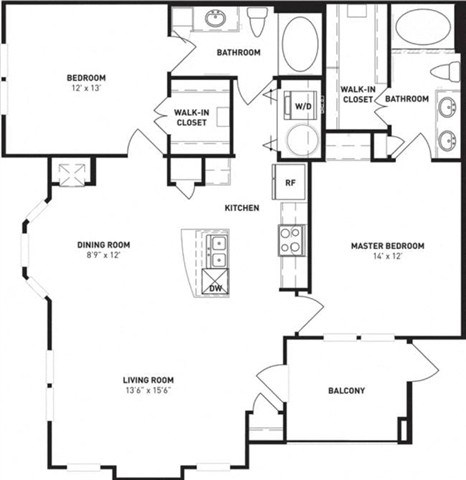 Floor plan for 2 beds, 2 baths, 1161 sqft