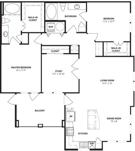 Floor plan for 2 beds, 2 baths, 1368 sqft
