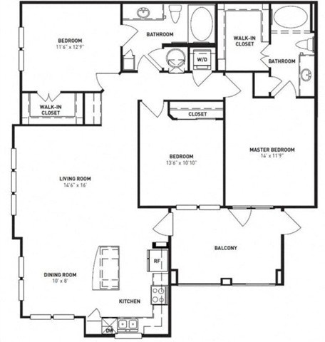 Floor plan for 3 beds, 2 baths, 1368 sqft