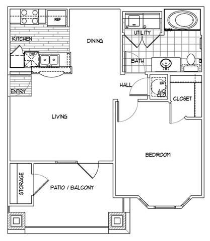 Floor plan for 1 bed, 1 bath, 675 sqft