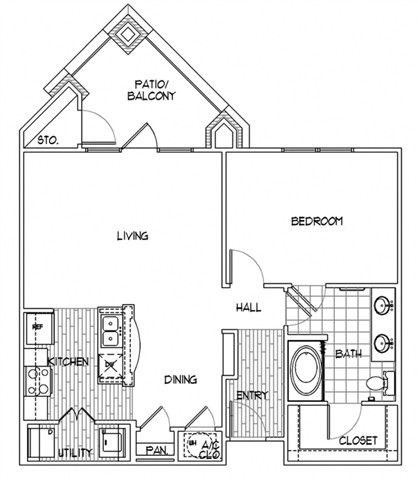 Floor plan for 1 bed, 1 bath, 839 sqft