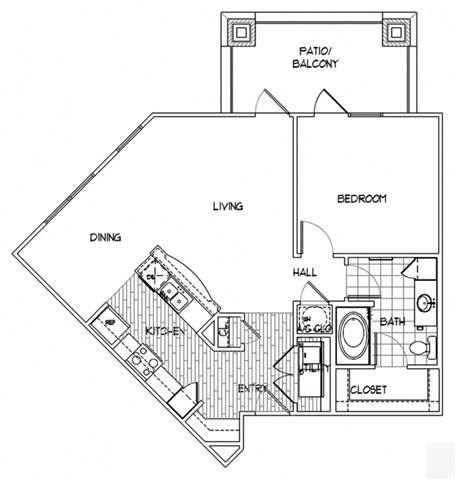 Floor plan for 1 bed, 1 bath, 841 sqft