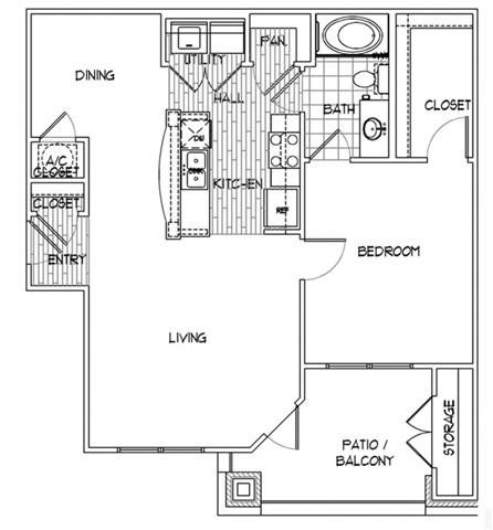 Floor plan for 1 bed, 1 bath, 844 sqft