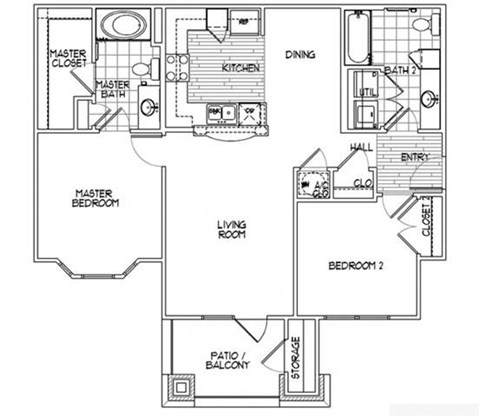 Floor plan for 2 beds, 2 baths, 1025 sqft
