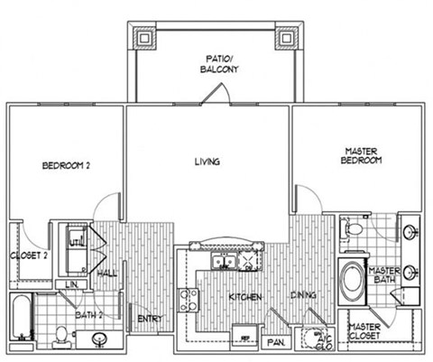 Floor plan for 2 beds, 2 baths, 1162 sqft