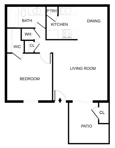 Floor plan for 1 bed, 1 bath, 645 sqft