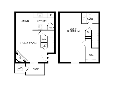 Floor plan for 1 bed, 1 bath, 876 sqft