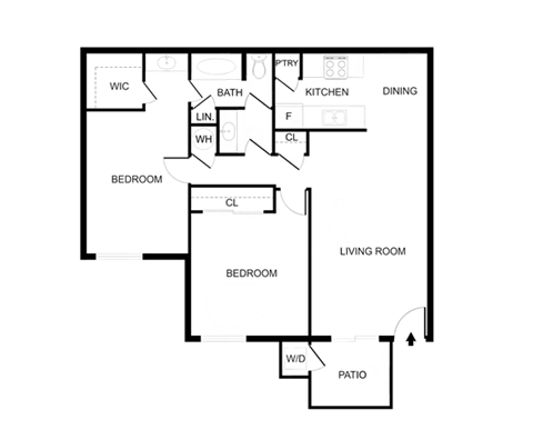Floor plan for 2 beds, 1 bath, 939 sqft