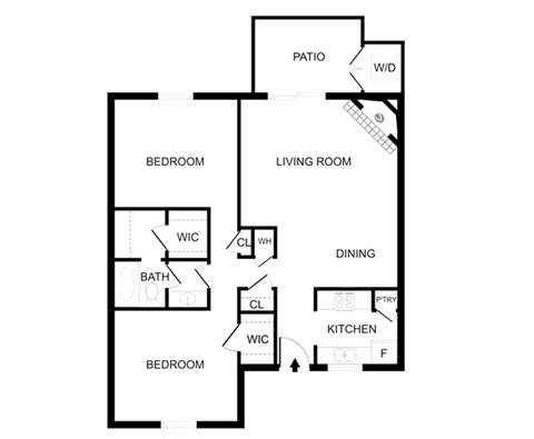 Floor plan for 2 beds, 1 bath, 948 sqft