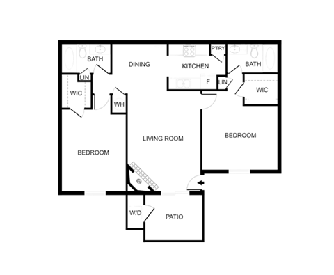 Floor plan for 2 beds, 2 baths, 1027 sqft