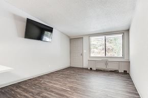 Woodstock apartment for rent - A room with a flat screen TV mounted on the wall and a window with blinds.