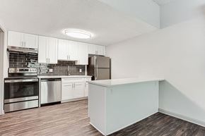 Woodstock apartment for rent - A kitchen with a stove top oven and a dishwasher.