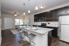 Waxahachie apartment for rent - A kitchen with a white counter top and black cabinets.