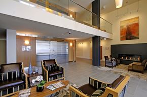 Everett apartment for rent - A modern living room with a fireplace and a painting on the wall.