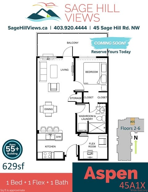Floor plan for 1 bed, 1 bath, 629 sqft