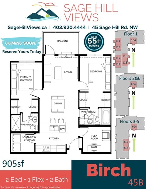 Floor plan for 2 beds, 2 baths, 905 sqft