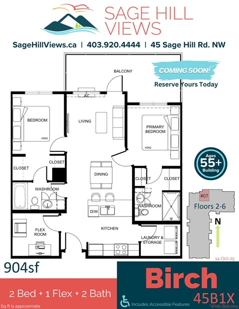 Floor plan for 2 beds, 2 baths, 905 sqft