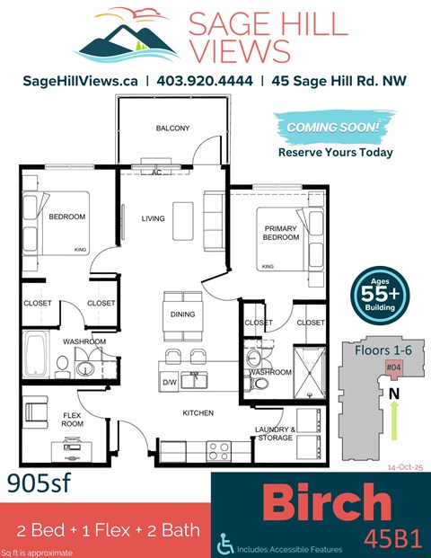 Floor plan for 2 beds, 2 baths, 905 sqft