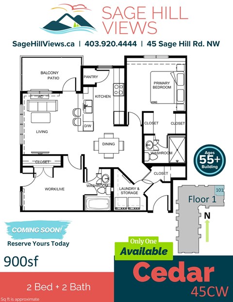 Floor plan for 2 beds, 2 baths, 898 sqft