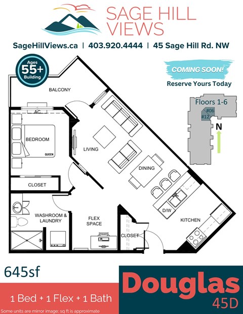 Floor plan for 1 bed, 1 bath, 645 sqft