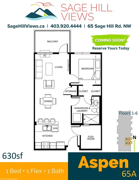 Floor plan for 1 bed, 1 bath, 630 sqft