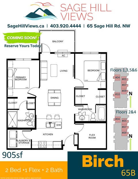 Floor plan for 2 beds, 2 baths, 905 sqft