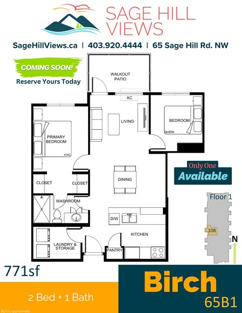 Floor plan for 2 beds, 1 bath, 771 sqft