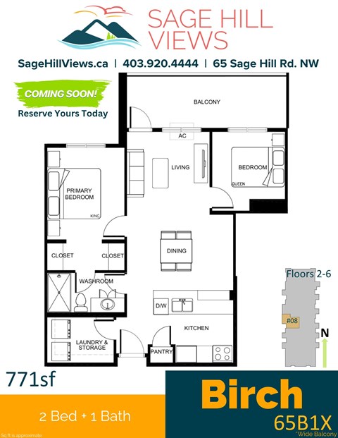 Floor plan for 2 beds, 1 bath, 771 sqft