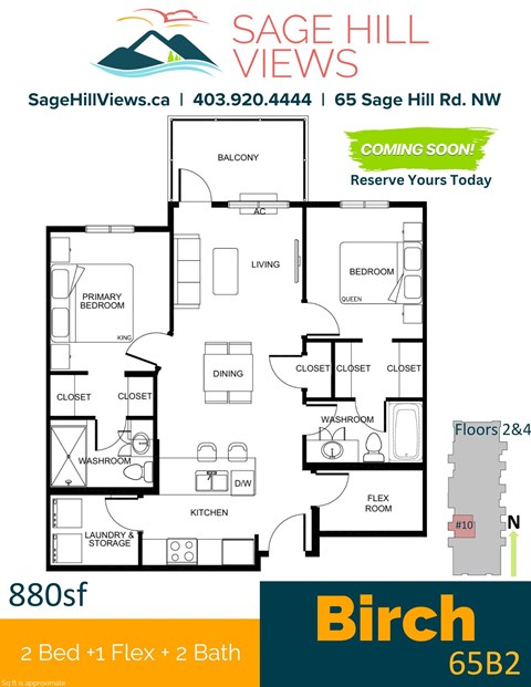 Floor plan for 2 beds, 2 baths, 880 sqft