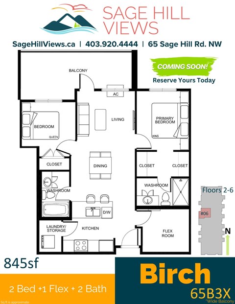 Floor plan for 2 beds, 2 baths, 845 sqft